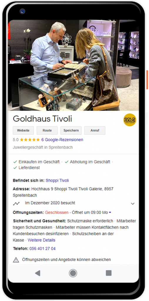 Google Business Profile Eintrag von Goldhaus Tivoli in Spreitenbach in der Google Suche