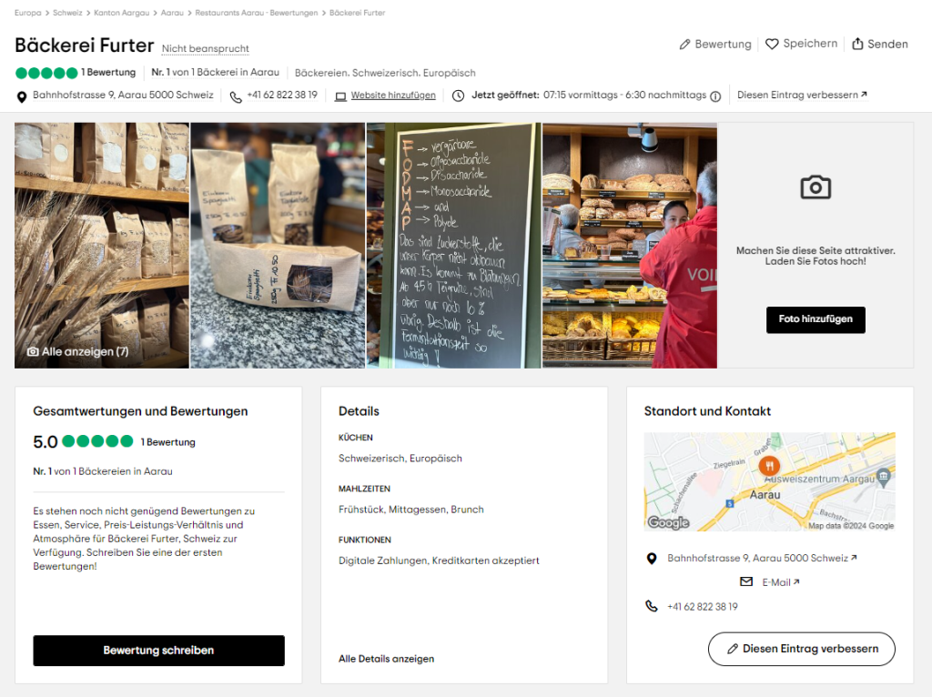 TripAdvisor-Profil der Bäckerei Furter mit einer 5-Sterne-Bewertung, Fotos von Backwaren und Geschäftsdetails.